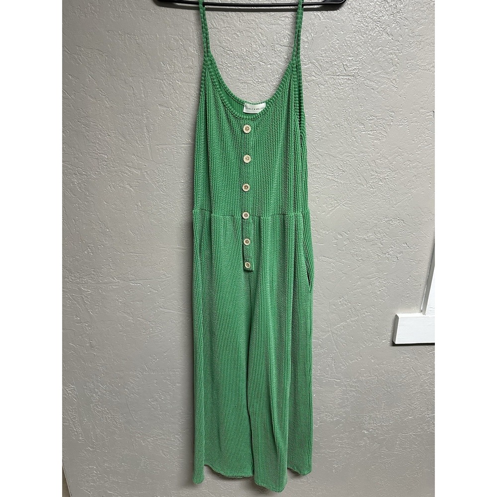Lovely Melody Solid Green Ribbed Knit Button Front Wide Leg Romper - Picture 1 of 6